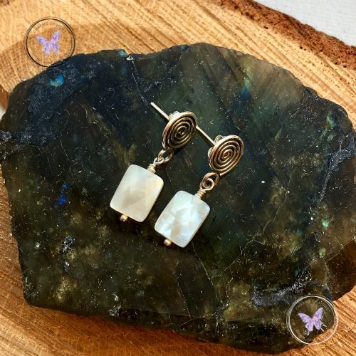 Faceted Mother Of Pearl Silver Swirl Earrings